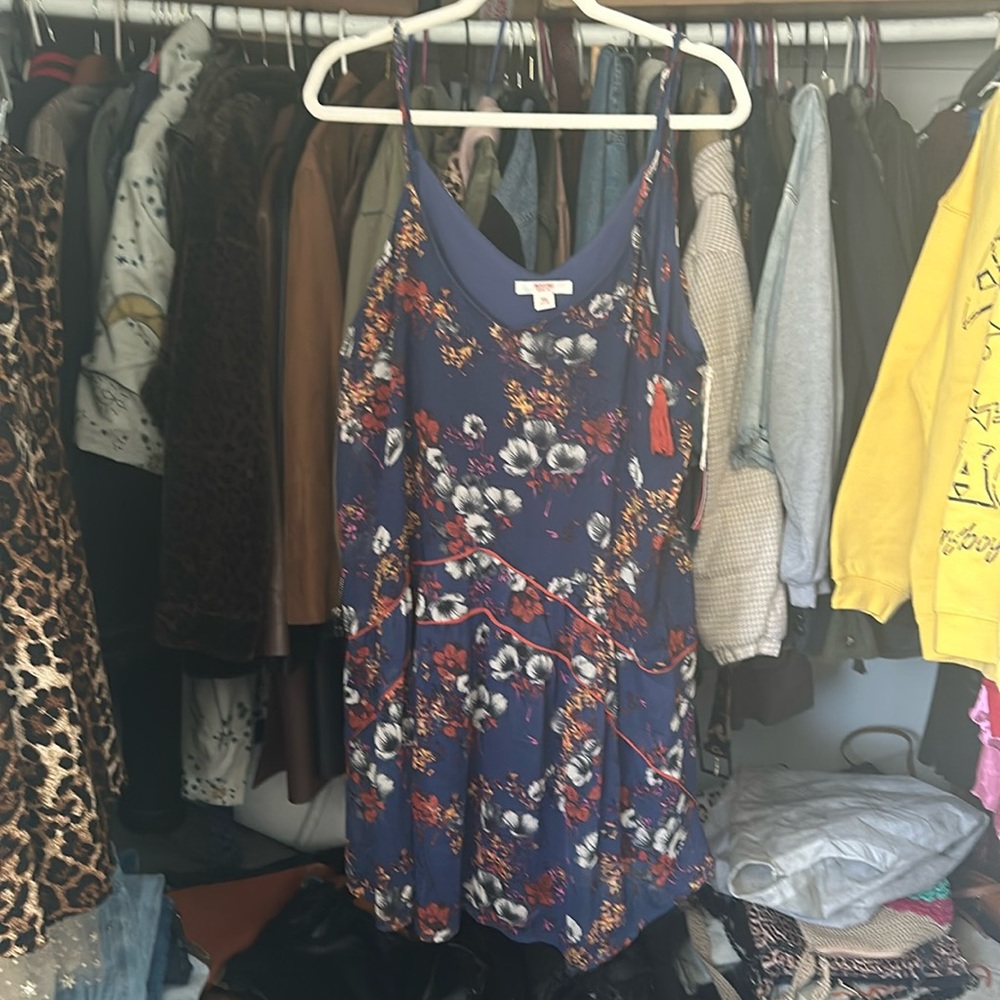Mossimo Supply Co. Navy Floral Midi Dress with Red Accents
